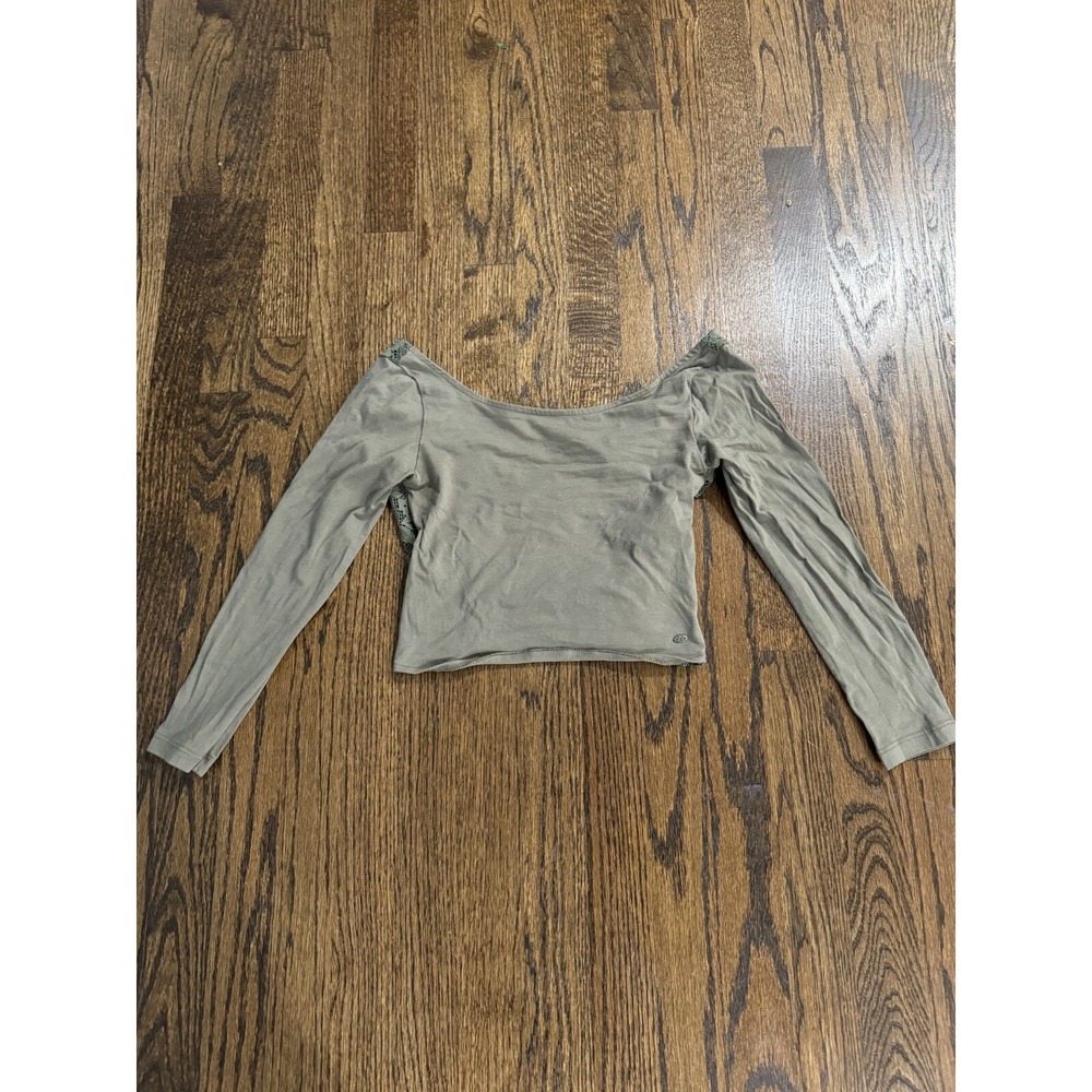 American Eagle Y2K Shirt XS Green Crop Long Sleeve Boat Neck Lace Back